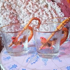 1940's vintage hand blown tea mug with bamboo stirrer & rooster decal